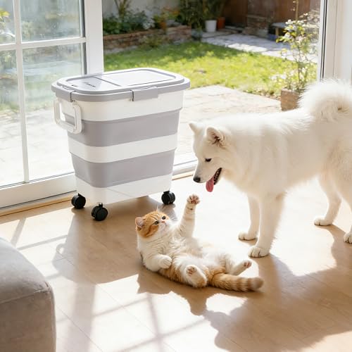 Dog Food Storage Container 30-40lbs, Airtight Pet Food Bin with Locking Lid & Clear Window, Collapsible Rolling Storage Container with Wheels & Scoop, Gray - color: Gray-L