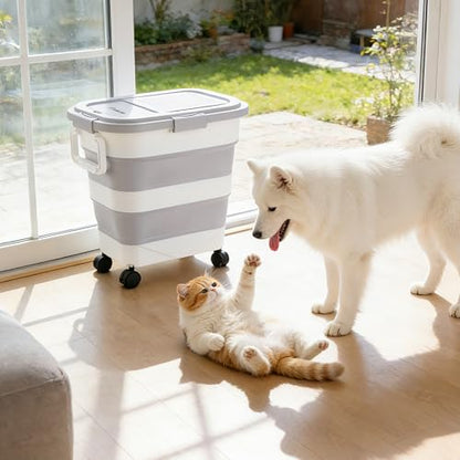 Dog Food Storage Container 30-40lbs, Airtight Pet Food Bin with Locking Lid & Clear Window, Collapsible Rolling Storage Container with Wheels & Scoop, Gray - color: Gray-L