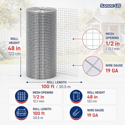 SANZEUS Hardware Cloth, 48in x 100ft 1/2in Mesh, 19GA Chicken Wire Fencing | Hot-dip galvanized after welding, heavy-duty wire mesh, rust resistant, chicken coops, garden beds, rabbit cages, tree guards - size: 1/2inch 48inx100ft