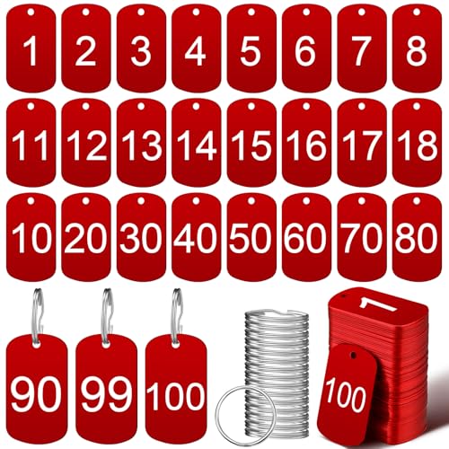 MorningRo 100 Pcs Aluminum Number Tags with Key Rings Number 1-100 Metal Key Tags for Identification Hotel Dormitory House Lockers(Red,Rectangular) - color: Red, size: Rectangular