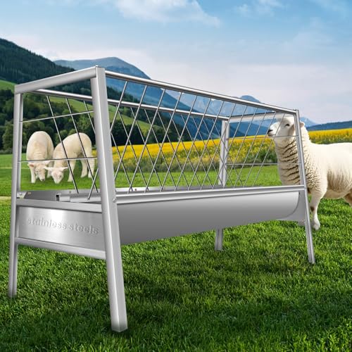 Pasture Feeder, Heavy Duty 77 Gallon Goat Hay Feeders, Stainless Steel Hay Feeder for Horses 59”, Easy Assembly for Goats, Sheep, and Horses, Ideal for Farm Use (Silver Stainless Steel)