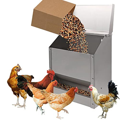 Galvanized Steel Chicken Feeders No Waste Poultry Feeder Rainproof Hanging Poultry Feeder Trough with Lid Holds 25lbs of Feed, No Assembly Required