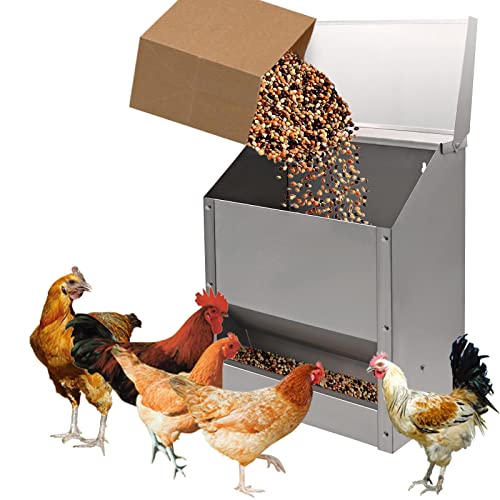 Galvanized Steel Chicken Feeders No Waste Poultry Feeder Rainproof Hanging Poultry Feeder Trough with Lid Holds 25lbs of Feed, No Assembly Required
