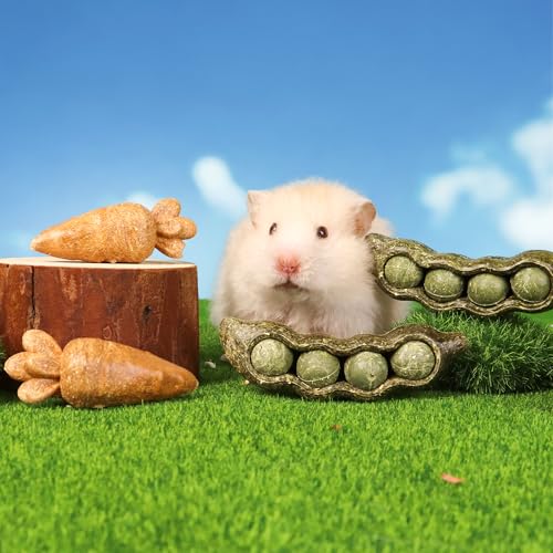 TEEWY 4PCS Guinea Pig Toys, Prevent Teeth Overgrowth, Natural Vegetables and Timothy Grass, Hamster Chew Toys, Chinchilla Toy, Peapod and Carrot Chew Toy Set - style: 4PCS-Peapod and Carrot