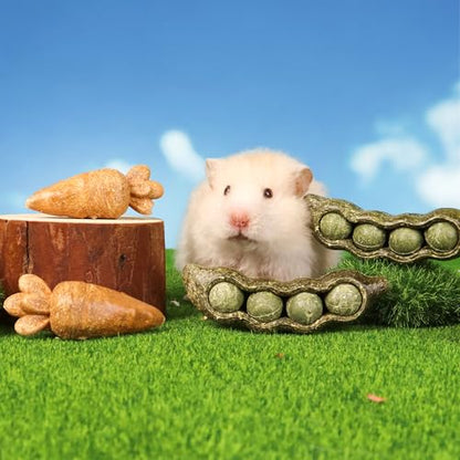 TEEWY 4PCS Guinea Pig Toys, Prevent Teeth Overgrowth, Natural Vegetables and Timothy Grass, Hamster Chew Toys, Chinchilla Toy, Peapod and Carrot Chew Toy Set - style: 4PCS-Peapod and Carrot