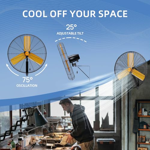 30 inch Oscillating High Velocity Wall Mount Fan, 8550 CFM Industrial Heavy Duty Metal Wall Fans, 3 Speeds, Adjustable Height and Tilt, Commercial Shop Fan for Garage, Workshop - size: 30 Inch - Indoor