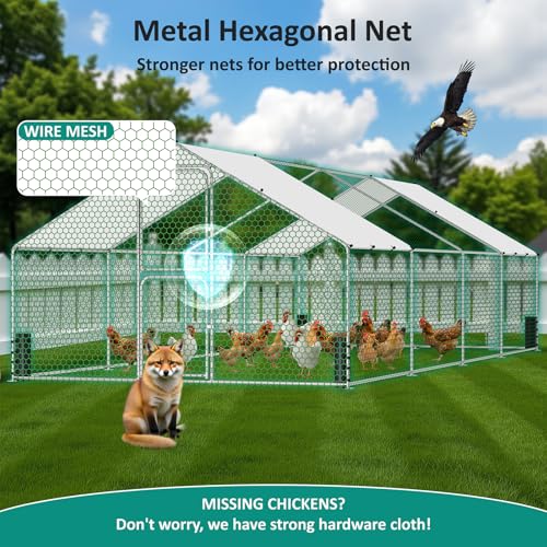 Large Metal Chicken Coop, Chicken Run with Feeding Door, Security Lock and Cover, Outdoor Walk-in Duck/Rabbit Cage Poultry Pen for Backyard, Farm, Yard (Silver - Spire Roof, 26.2 x 9.8 x 6.5 FT) - size: 314.9"L x 118.0"W x 78.7"H