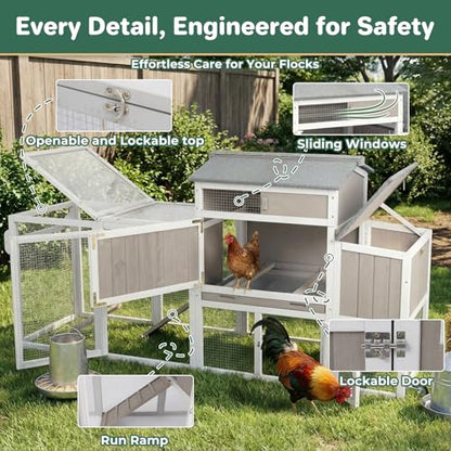 Mobile Chicken Coop with Wheels, Weatherproof Large Hen House Chicken Tractor with Nesting Box, Roosting Bars, Pull-Out Tray, Asphalt Roof & Fun Swing for Chickens Quails, Backyard Use
