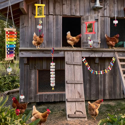 Ripeng 7 Pcs Chicken Toys for Coop Set Chicken Enrichment Toys Including Xylophone Mirror Large Chick Beak Grinding Calcium Stone Ladder with Bell Accessories for Coop Hens Parrots