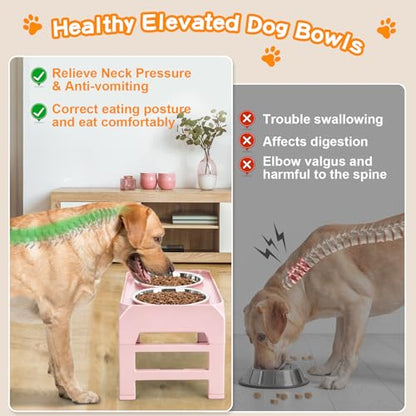 COMESOON Elevated Dog Bowls, 4 Height Adjustable Raised Bowl Stand with 2 Thick 50oz Stainless Steel Food Bowls Non-Slip Feeder Adjusts to 3.7'', 9.2'', 10.75'', 12.36'' Pink - color: Pink, size: 8" for Medium Dogs