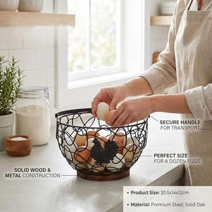 Rustic Wooden Base Wire Egg Basket with Sturdy Metal Handle Farmhouse Kitchen Decor Easter Display Coop - color: Black