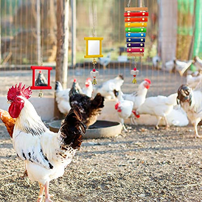 5-Piece Colorful Wooden Xylophone Chicken Coop Mirrors with Bells for Hens, Chicks & Parrots