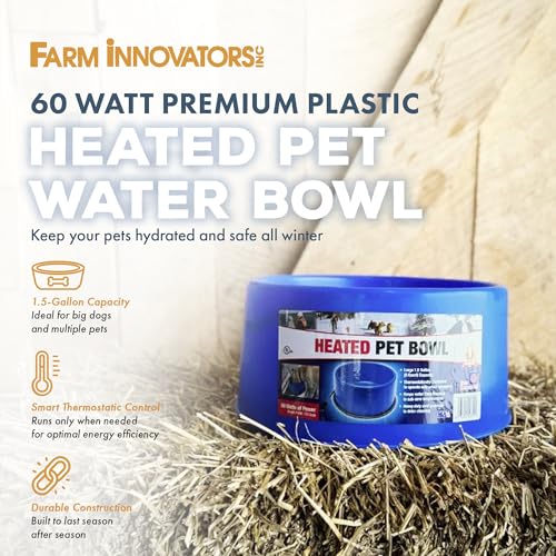 Farm Innovators 60 Watt Premium Plastic Heated Pet Water Bowl with Advanced Thermostatic Control for Large Dogs and Cats, Blue