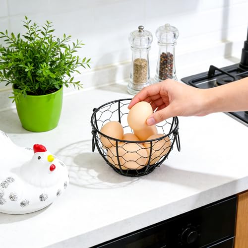 Metal Wire Egg Basket Ceramic Lid Farm Kitchen Egg Storage Holder | Wire Egg Collection Baskets for Gathering Eggs,Decorative Egg Holder Container for Farmhouse,Kitchen, and Countertop