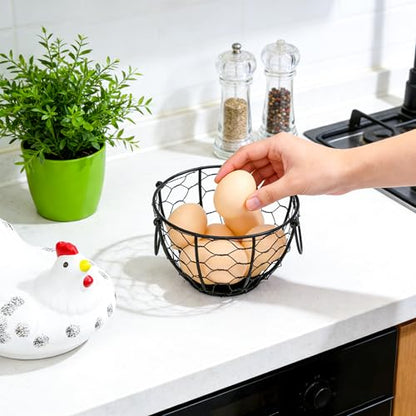 Metal Wire Egg Basket Ceramic Lid Farm Kitchen Egg Storage Holder | Wire Egg Collection Baskets for Gathering Eggs,Decorative Egg Holder Container for Farmhouse,Kitchen, and Countertop