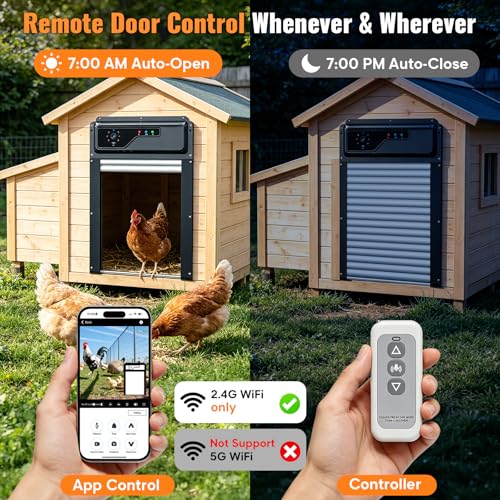 Automatic Chicken Coop Door with Timer and Remote Control, WiFi 1080P Camera Smart Roll-Up Auto Poultry Door, 7W Solar Powered, App Control, Anti-Pinch Safety, Predator Alarm - color: Black