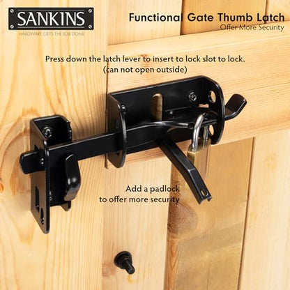 Thumb Gate Latch for Wooden Fence Heavy Duty, Thumb Latch Hardware with 9 inch Decorative Handle, Self Locking Thumb Latch for Swing Gate, Garden, Metal Gate, Vinyl Fence, Black