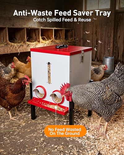 55LB Automatic Chicken Feeder, 40L Metal No Waste Poultry Feeder with Rat-Proof Design, 4 Feeding Ports, Weatherproof Locking Lid, Height-Adjustable Legs for Chickens, Ducks and Geese