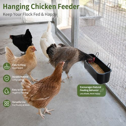 Chicken Feeder and Waterer 2 Pack, Hanging Fence Feed Trough with Clips, Chicken Coop Accessories Goat Duck Deer Poultry Feeder Livestock Feeding Container Trough, Black