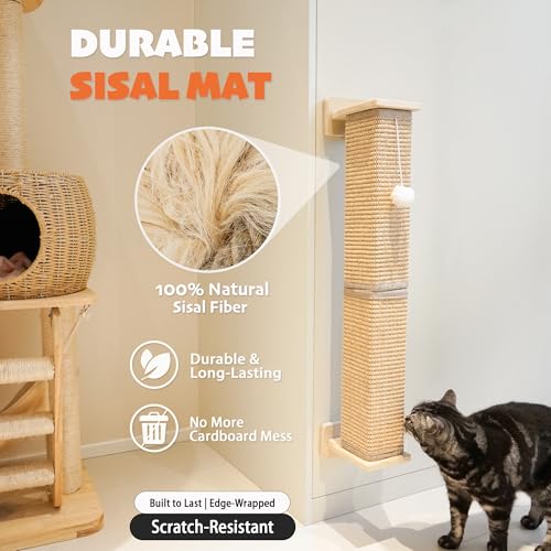 PETKARAY Wall Mounted Cat Scratcher, 30" Large Sisal Cat Scratcher for Wall, Square Sisal Cat Scratching Post with Toy Ball - size: Wall Post