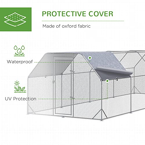 PawHut Large Chicken Coop Metal Chicken Run with Waterproof and Anti-UV Cover, Flat Shaped Walk in Fence Cage Hen House for Outdoor and Yard Farm Use, 1" Tube Diameter, 9.2' x 24.9' x 6.4' - size: 299.2"L x 110.2"W x 76.8"H