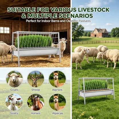 98 Gal Livestock Hay Feeder, Quick Bolt Easy Installation, Angled Grid Structure, Elevated 2-in-1 Trough, Multi Animal Use for Ranch Pasture Barn Daily Feeding