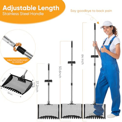 12inch Chicken Poop Scooper & Rake 2-in-1, Heavy Duty Metal Chicken Coop Scoop for Sand with Ergonomic Grip, Adjustable Angle Stainless Steel Chicken Coop Rake Litter Sifting Shovel (37-64") - color: Black