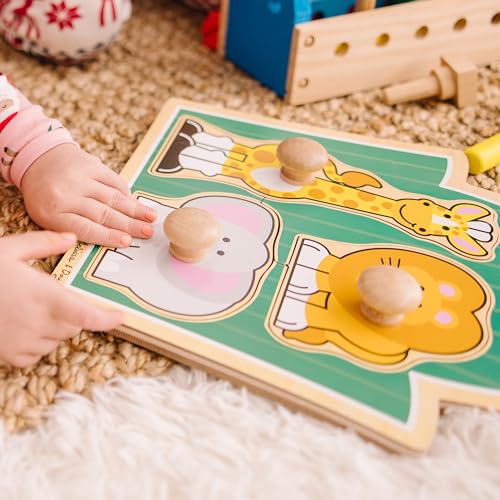Melissa & Doug Jungle Friends Safari Animals Jumbo Knob Puzzle, Wooden Peg Puzzle for Toddlers, Educational Toy for Shape Recognition and Fine Motor Skills, Ages 1+ - style: Safari Animals