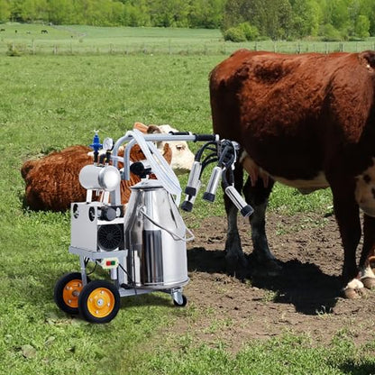 550W Electric Cow Milking Machine, 6.6 gal / 25L 304 Stainless Steel Bucket, Automatic Cow Milker with Vacuum Pulsation, 5-8 Cows Per Hour with Silicone Cups and Tubes, Wheels for Cows and Goats
