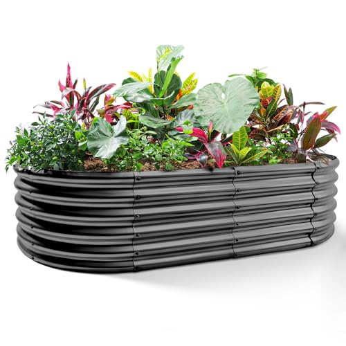 Land Guard Galvanized Metal Raised Garden Bed Kit, 8x4x1.5ft Large Planter Boxes Outdoor, Oval Gardening Box, Patio Garden Planter Box for Vegetables (Grey) - color: Dark Grey, size: 8×4×1.5ft