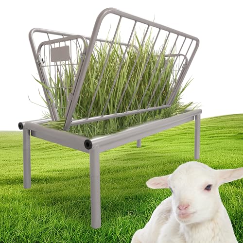 Kojem 4 Ft Long Livestock Feeder, Heavy Duty Steel Livestock 2 in 1 Grain & Hay Feeder, Outdoor Pasture Feeder with Feeding Pan for Goats, Sheep,Ponies, Cow, Horse for Farms, All Weather Feeder