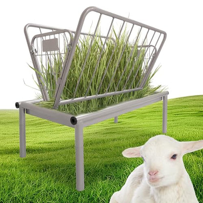 Kojem 4 Ft Long Livestock Feeder, Heavy Duty Steel Livestock 2 in 1 Grain & Hay Feeder, Outdoor Pasture Feeder with Feeding Pan for Goats, Sheep,Ponies, Cow, Horse for Farms, All Weather Feeder