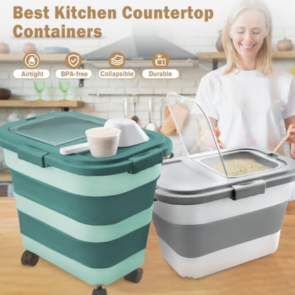 Komzon Rice Storage Container, Collapsible Airtight 10-40 Lb Rice Storage Container, 25lb Pet Dog Food Storage Container, Rice Dispenser Bin with Cup and Scoop for Flour Cereal Pasta Grain, Cat Bird - size: 15-40 Lbs