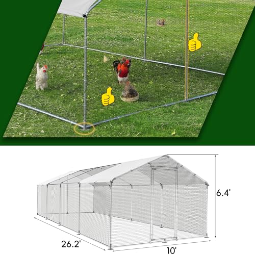 Large Metal Chicken Coop Round Top Upgrade Tri-Supporting Wire Mesh Chicken Run,Chicken Pen with Water-Resident and Anti-UV Cover,Duck Rabbit House Outdoor (Spire Roof 10’ W x 26.2’ L x 6.5’ H) - size: 314.4"L x 120.0"W x 78.0"H