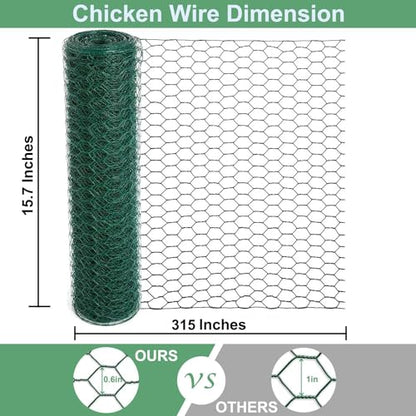 Mklsit Chicken Wire 15.7 x 315 Inches Chicken Wire Fencing Mesh Green PVC Coated Floral Chicken Wire for Crafts Poultry Garden, Hexagonal Galvanized Chicken Coop Rabbit Wire Fencing Netting - size: 15.7 x 315 Inches