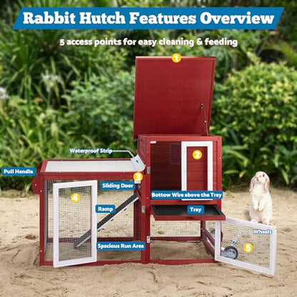 Rabbit Hutch Indoor Outdoor Bunny Cage, Weather Resistant Openable Roof, Slide Out Tray, Handle & Rolling Wheels, Chicken Coop, 48.05" L x 26.02" W x 34.3" H, Red - color: Red