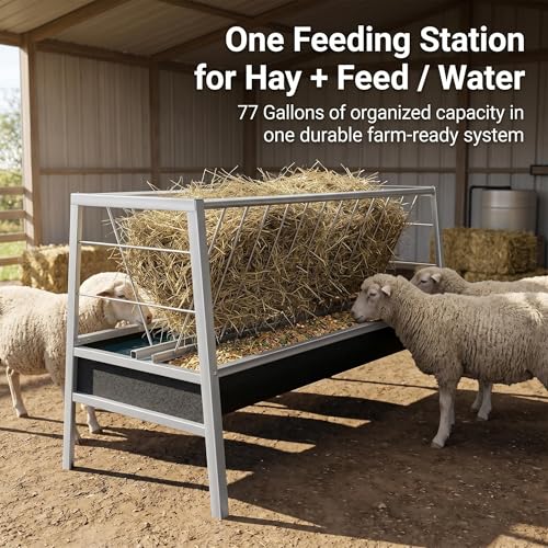 77 Gallon Large Capacity Livestock Feeder, Anti-Waste Rubber Trough Hay Feeder, Solid Stainless Steel Feeding Gear for Goats, Sheep, Calves & Horses Outdoor Farm