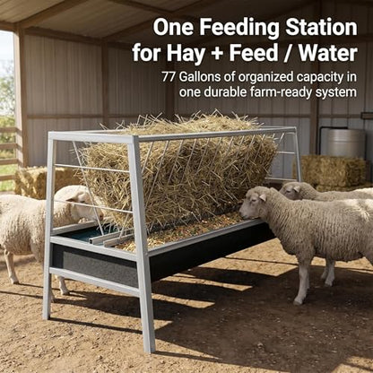 Anti-Waste 77 Gallon Hay Feeder, Premium Stainless Steel Feeder with Rubber Base Trough, Heavy Duty Farm Equipment for Goats, Sheep, Calves and Horses Daily Feeding