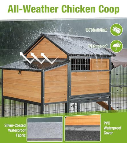 GUTINNEEN Large Metal Chicken Coop with Run, Large Wooden Chicken House with Iron Frame, Weatherproof Roof, Hen House with Pull-Out Tray, Non-Slip Ramp, Ventilation Windows, 85" L - size: 85.6"L x 40.6"W x 48.2"H