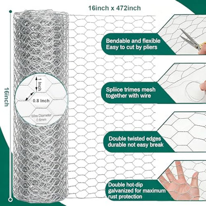 Chicken Wire Fencing, 16 in x 472 in (40cm x 12m) Chicken Wire Mesh Roll, 1 in Mesh Poultry Wire Netting, Anti-Rust Hexagonal Galvanized for Chicken Coop Crafts Garden Fence with 50 Zip Ties - size: 16 x 472 Inches-1 Inch Mesh