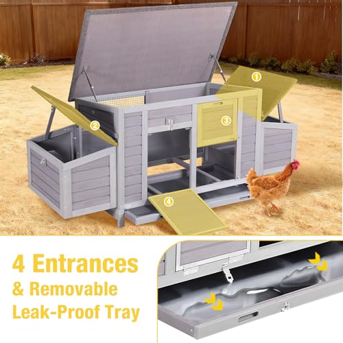 Aivituvin Large Wooden Chicken Coop, Double Nesting Boxes, Waterproof Asphalt Roof, Stainless Steel Hardware, Pull-Out Tray, Secure Poultry House for 2–4 Chickens - color: Grey, size: 67.0"L x 25.0"W x 28.0"H