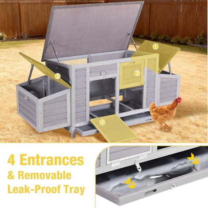 Aivituvin Large Wooden Chicken Coop, Double Nesting Boxes, Waterproof Asphalt Roof, Stainless Steel Hardware, Pull-Out Tray, Secure Poultry House for 2–4 Chickens - color: Grey, size: 67.0"L x 25.0"W x 28.0"H