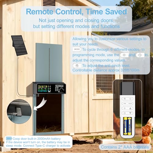 Solar Powered Automatic Chicken Coop Door with 6 Modes, Smart Anti-Pinch, Color LCD Display, All-Weather Operation, Aluminum Auto Chicken Door with Programmable Remote Control (Light Blue)