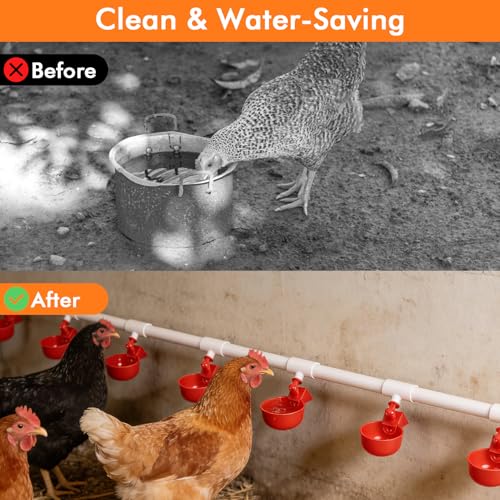 Automatic Chicken Waterer System with PVC Pipeline, Water Cups, Float Valve and Stainless Steel Hoses, Leak-Proof Poultry Watering Kit for Coop, 56 Accessories Included