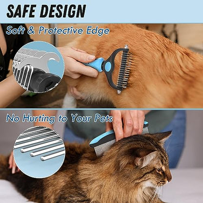 Docrok Pet Grooming Combo - Blue Deshedding Brush with Metal Comb for Detangling and Dematting Long, Matted Fur on Cats and Dogs - color: Blue
