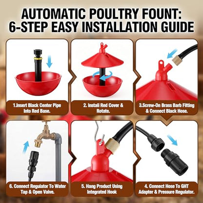 Automatic Poultry Waterer System with 5M Tubing, Hanging Chicken Waterer Bowl with 25 PSI Pressure Regulator, Brass Barb Connector & 3/4" GHT Adapter for Chickens, Ducks, Turkeys and Game Birds