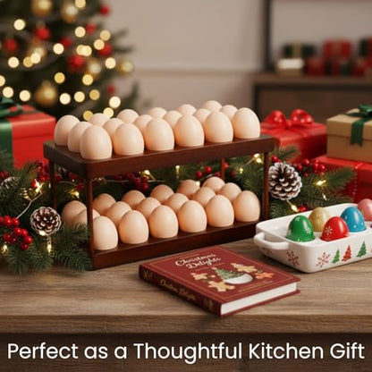 YOUEON Acacia Wooden Egg Holder with Double Layers, Detachable Wooden Egg Tray Holds 36 Fresh Eggs, Countertop Storage Rack for Gathering Fresh & Easter Eggs, Rustic Decor