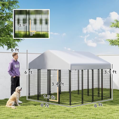 PawHut Outdoor Dog Kennel with Roof, 8' x 8' x 6' Heavy Duty Welded Wire Dog Playpen Enclosure with Escape-Proof Lock, UV-Resistant & Waterproof Cover, for Large Dogs, Chickens, Ducks, Silver - size: 96.1"L x 96.1"W x 72.0"H, style: Single Room