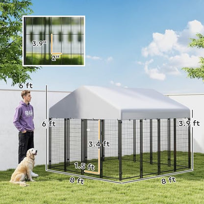 PawHut Outdoor Dog Kennel with Roof, 8' x 8' x 6' Heavy Duty Welded Wire Dog Playpen Enclosure with Escape-Proof Lock, UV-Resistant & Waterproof Cover, for Large Dogs, Chickens, Ducks, Silver - size: 96.1"L x 96.1"W x 72.0"H, style: Single Room