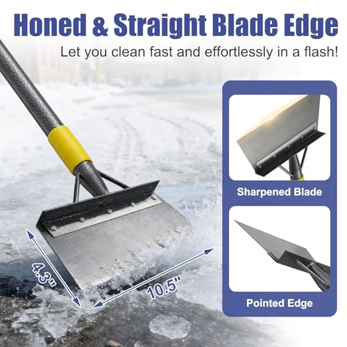Garden Shovel: Heavy Duty Ice Scraper with Metal Flat Head, Multifunctional 60in Long Handle Floor Scraper for Breaking Removing Hard Ice on Driveway Walkway Road